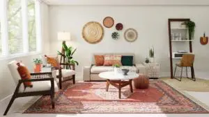 sunlit living room with large red Persian carpet as main focal point against white walls and vintage styling furniture. 